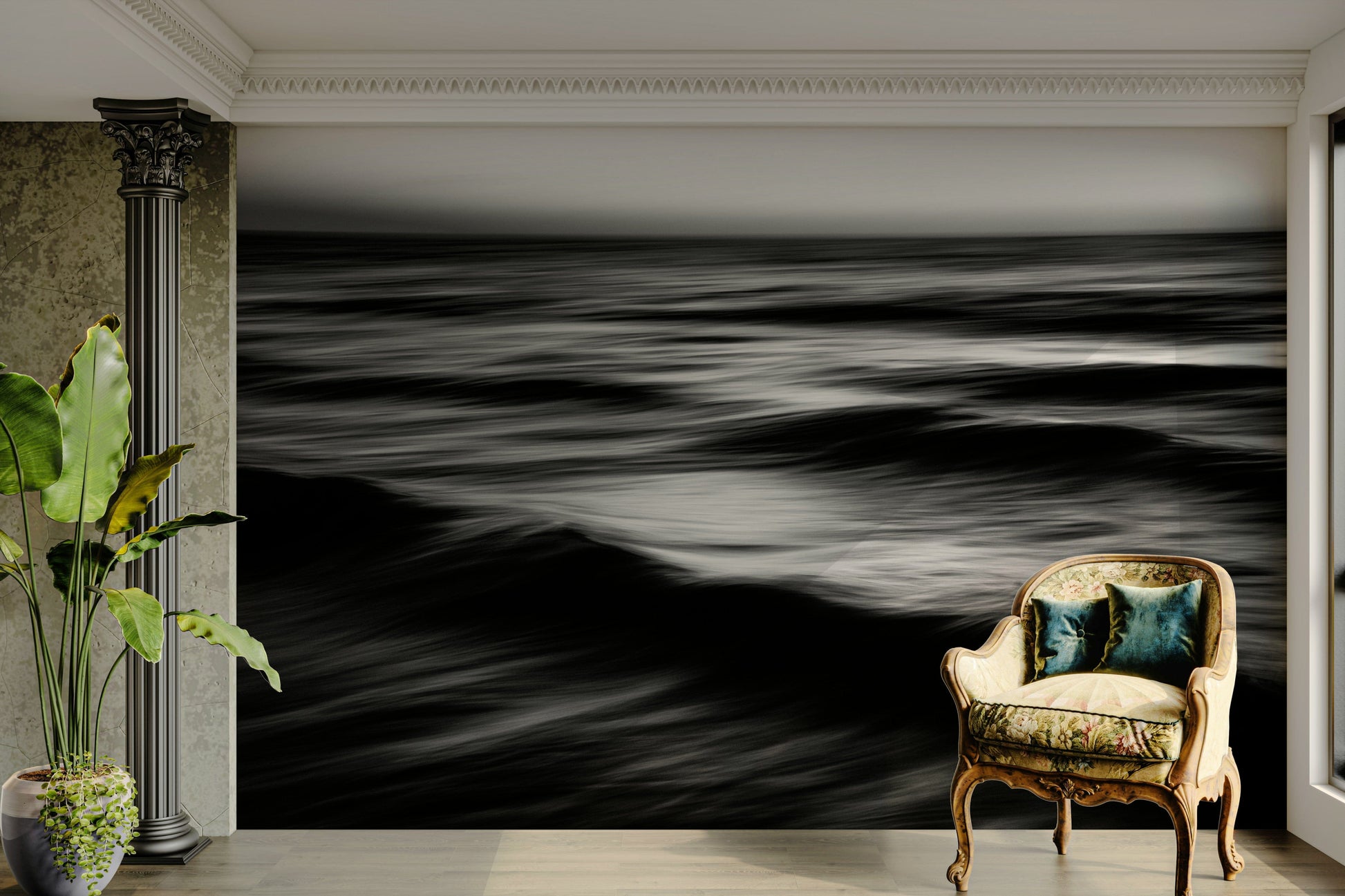 A beautiful abstract ocean wall mural for a living room.

