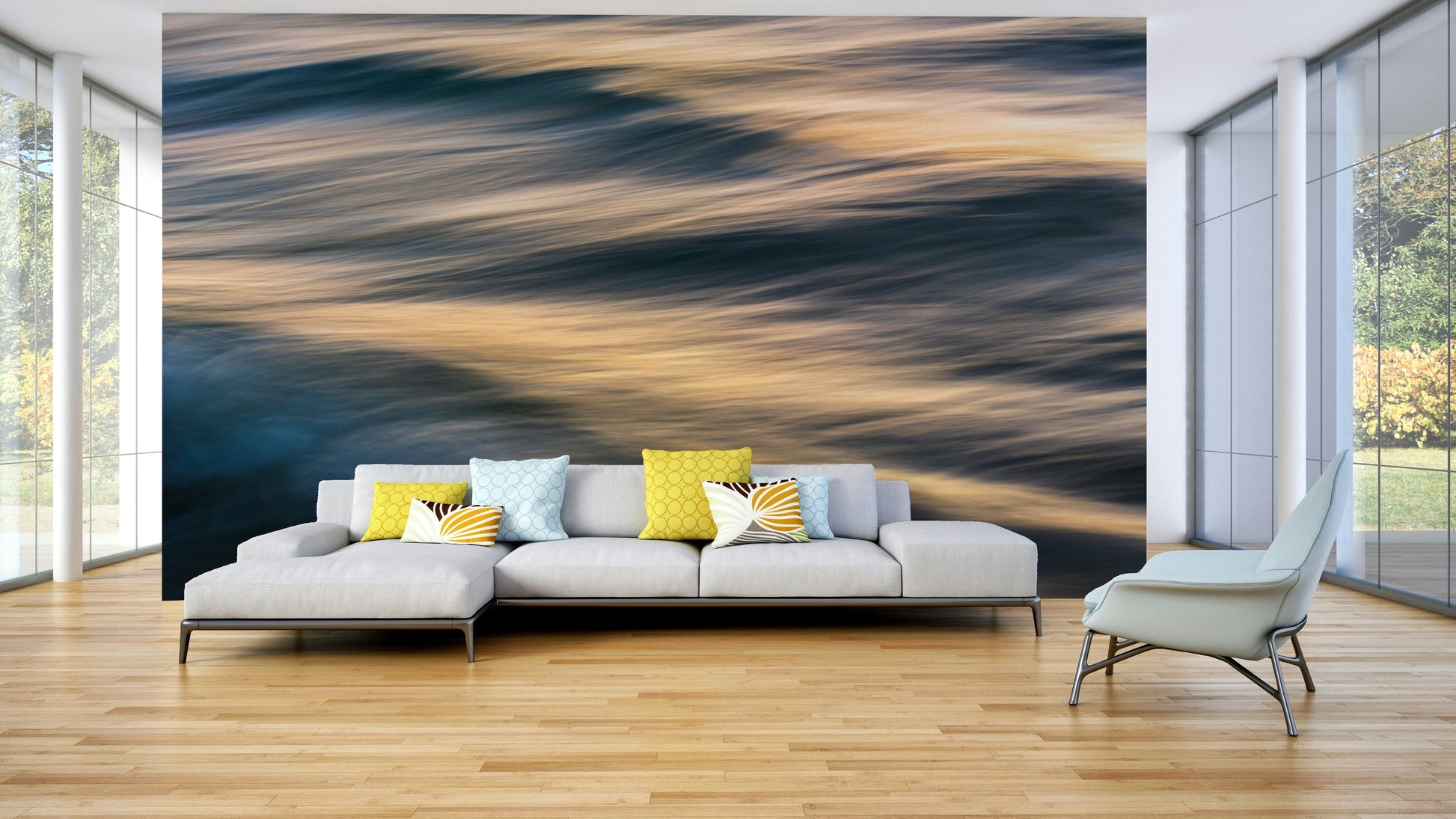 A peaceful open ocean mural on decorative wallpaper.

