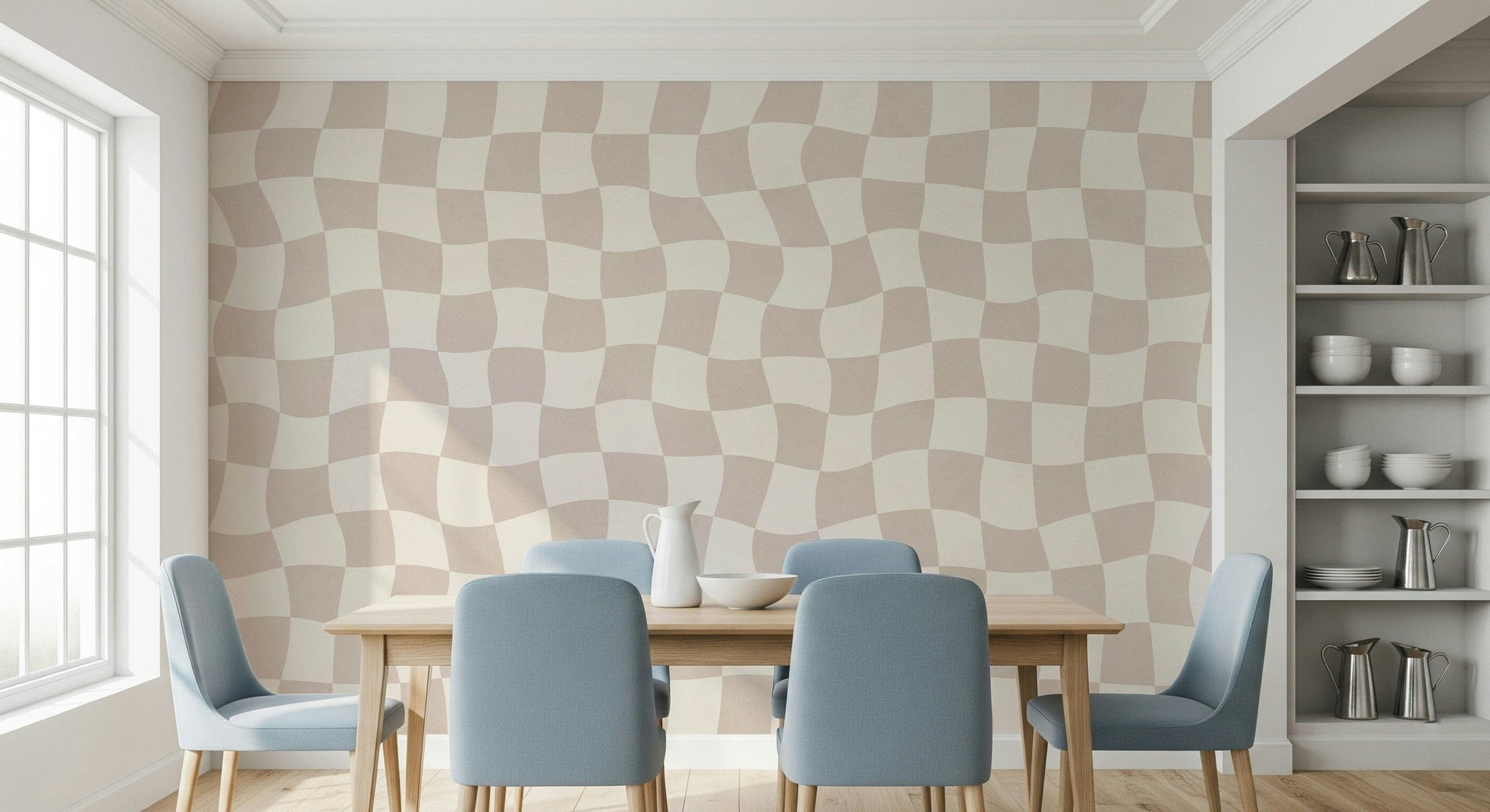 Checkerboard Wavy Checkered Dream pattern beige tones aesthetic mural.