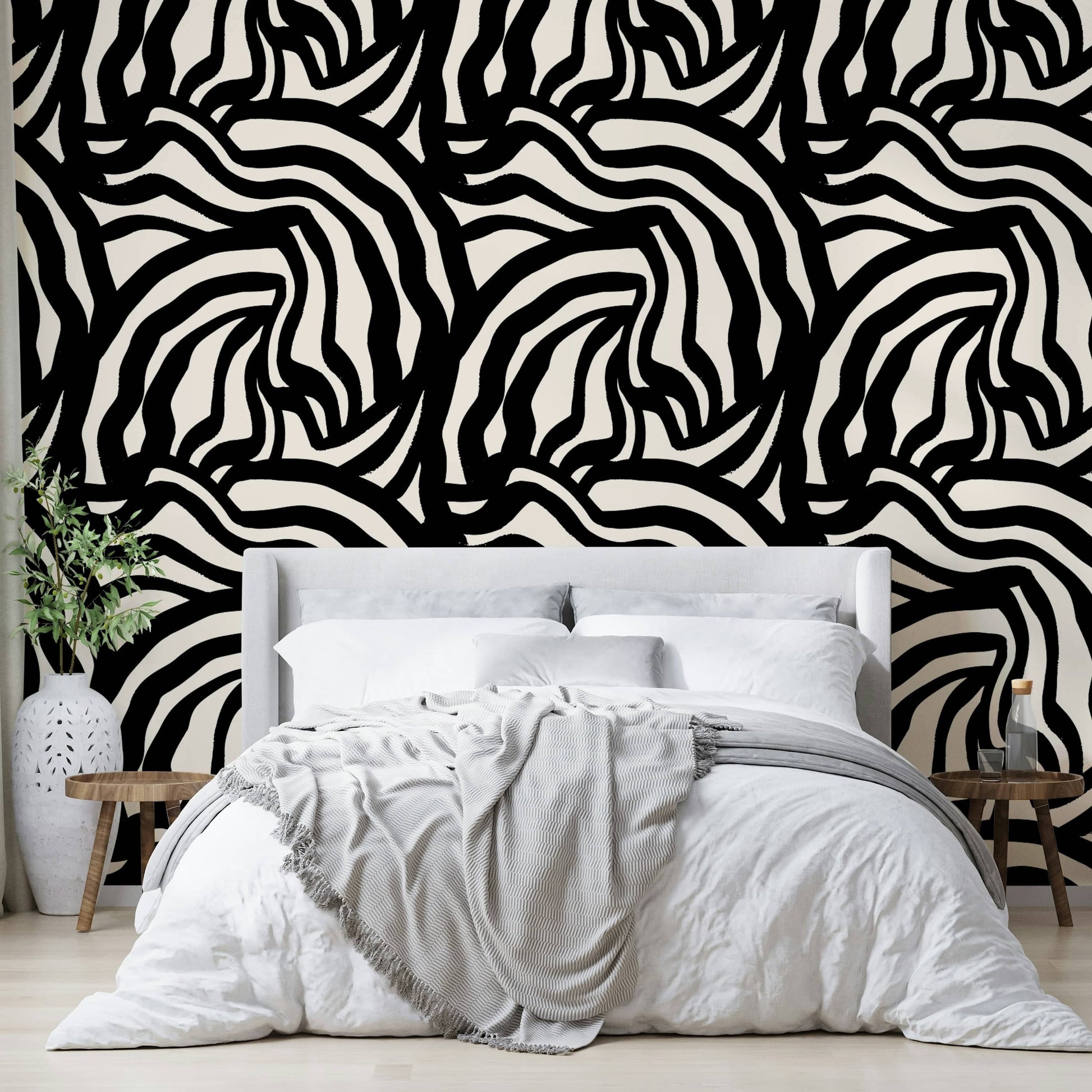 A full-wall mural showing a pattern of hand-painted lines.
