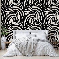 A full-wall mural showing a pattern of hand-painted lines.
