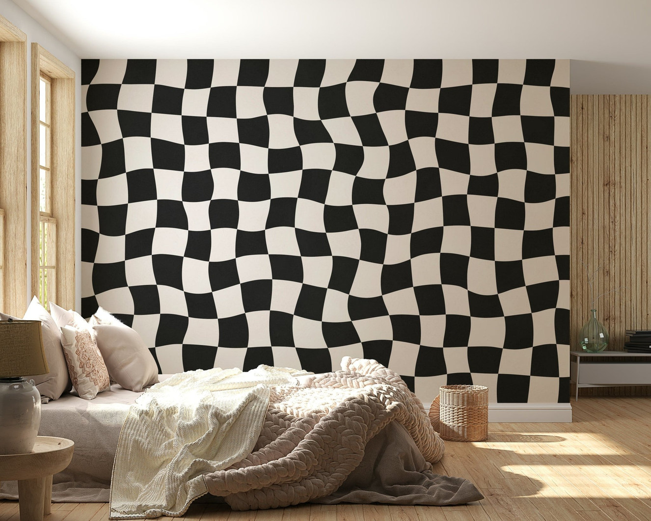 Wavy Check wallpaper optical illusion checkered pattern.