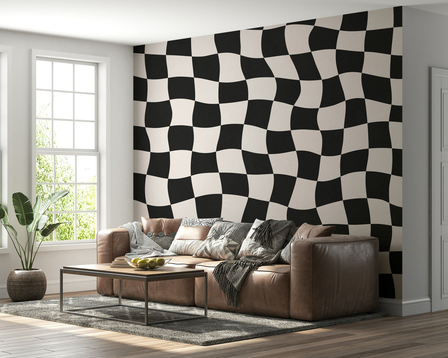 Illusion Wavy Check wall paper contemporary black white print.
