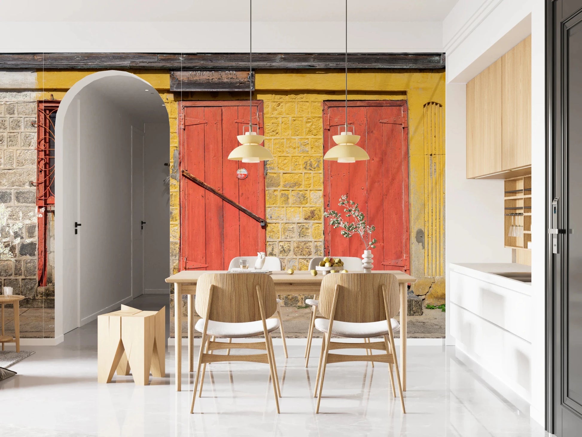 Authentic brick texture wall mural with bright red door accents