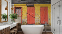 Old world charm for bathroom wall mural with yellow brick and rustic red doors