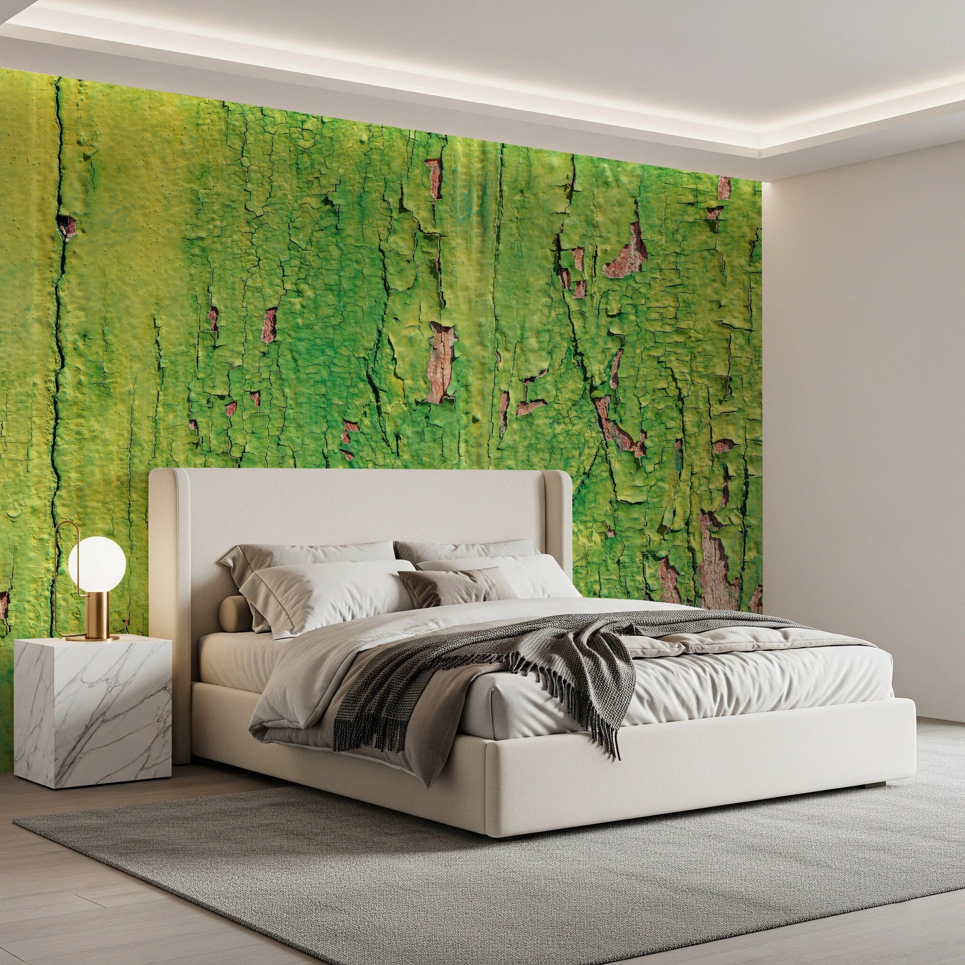 Peeling paint bedroom wall mural in shades of moss and lime green.