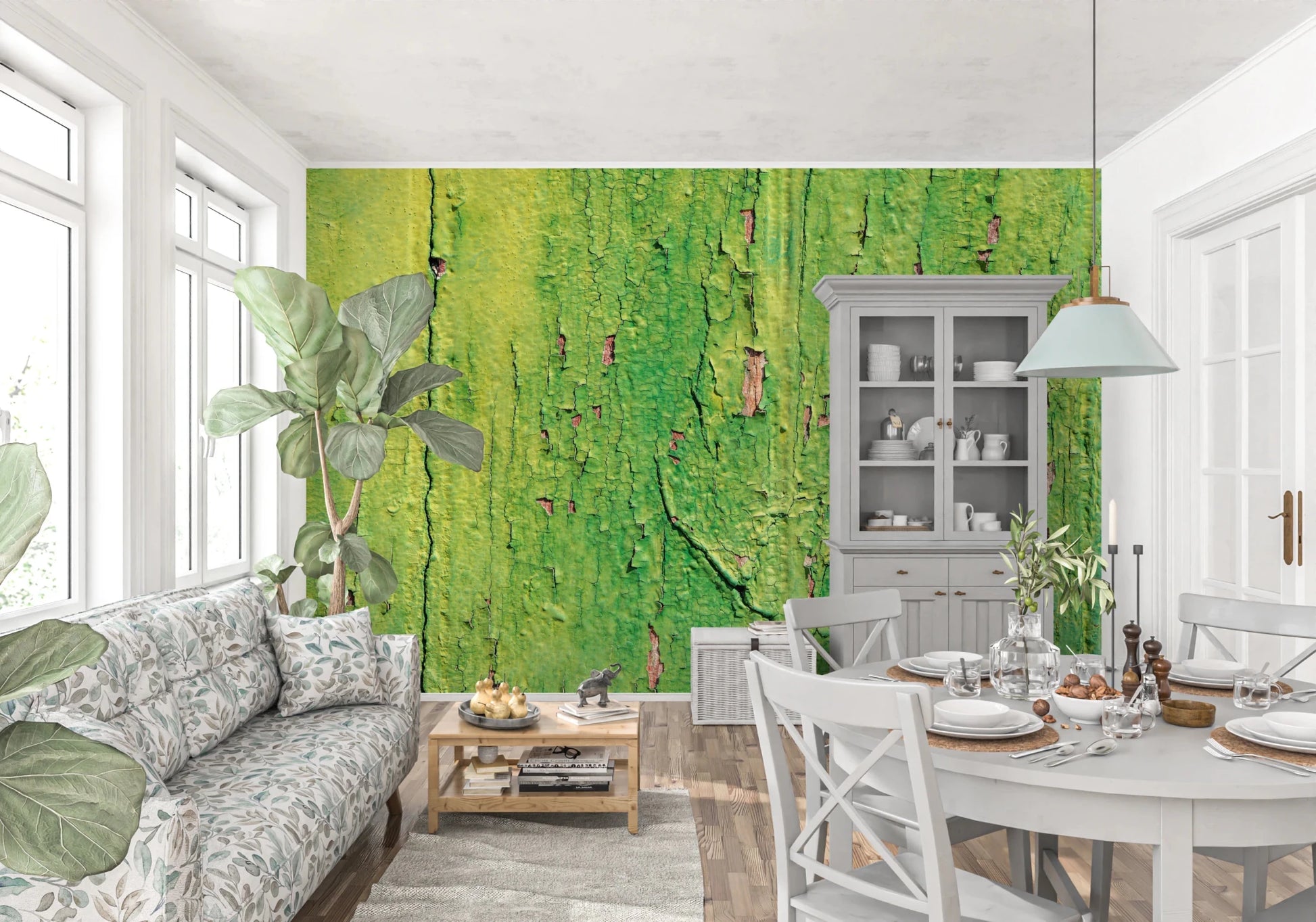 Vintage style olive green mural with realistic wood grain details.