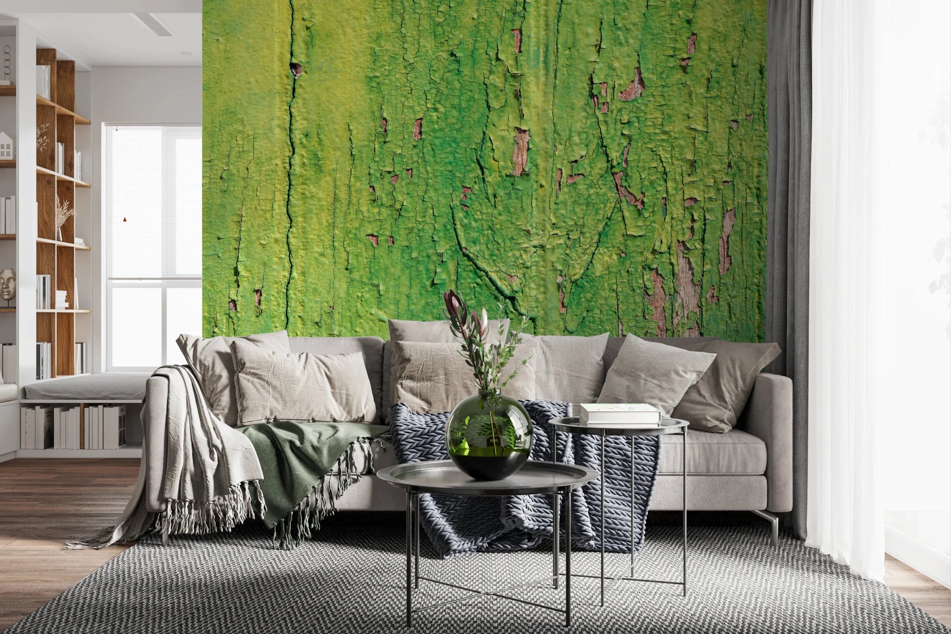 Distressed lime green mural for a hallway wall vintage industrial style.