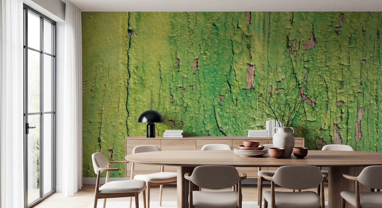 Rustic green for dining room wall mural featuring aged wood and peeling details.