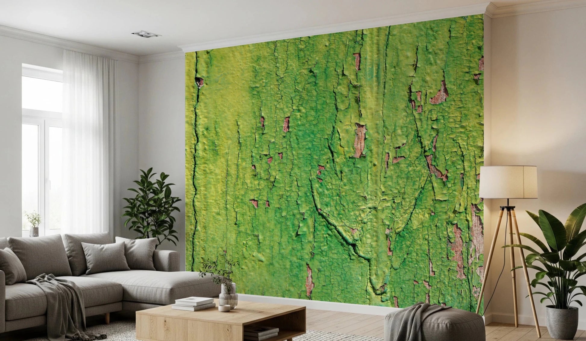 Weathered emerald wall mural showing layers of aged paint.