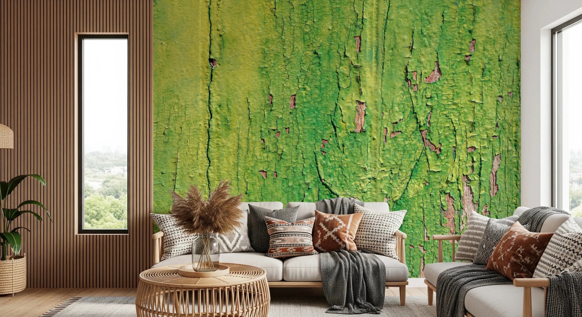 Detailed weathered forest wall mural with authentic distressed effects.