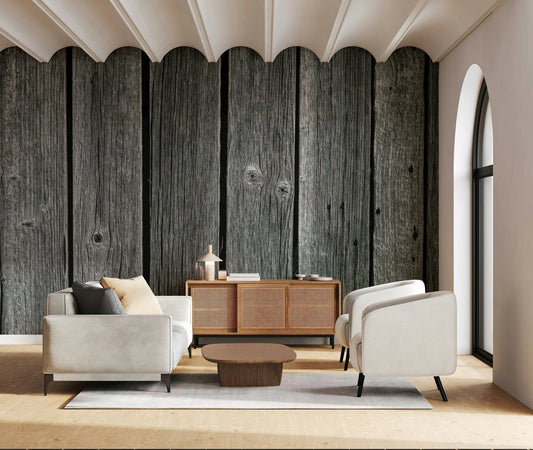 Gritty Weathered Wood Panel, vertical boards, cool grey farmhouse wallpaper.