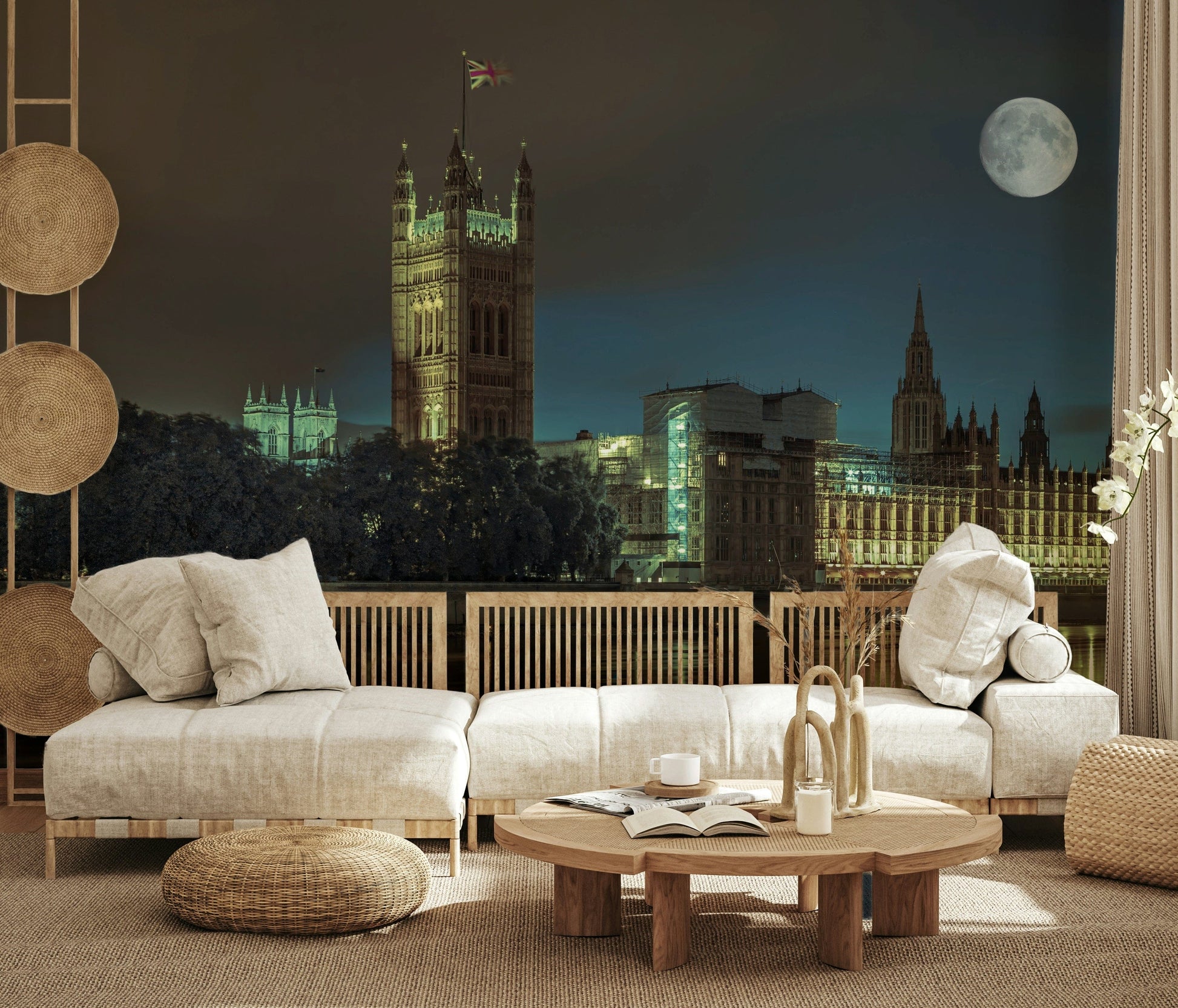 Spectra lights wall mural, iconic London skyline at night.