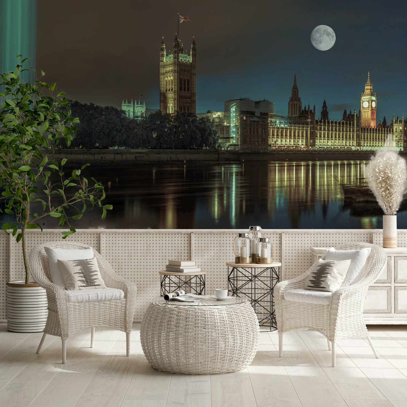 Spectra lights with Westminster Abby wall mural, ethereal view.