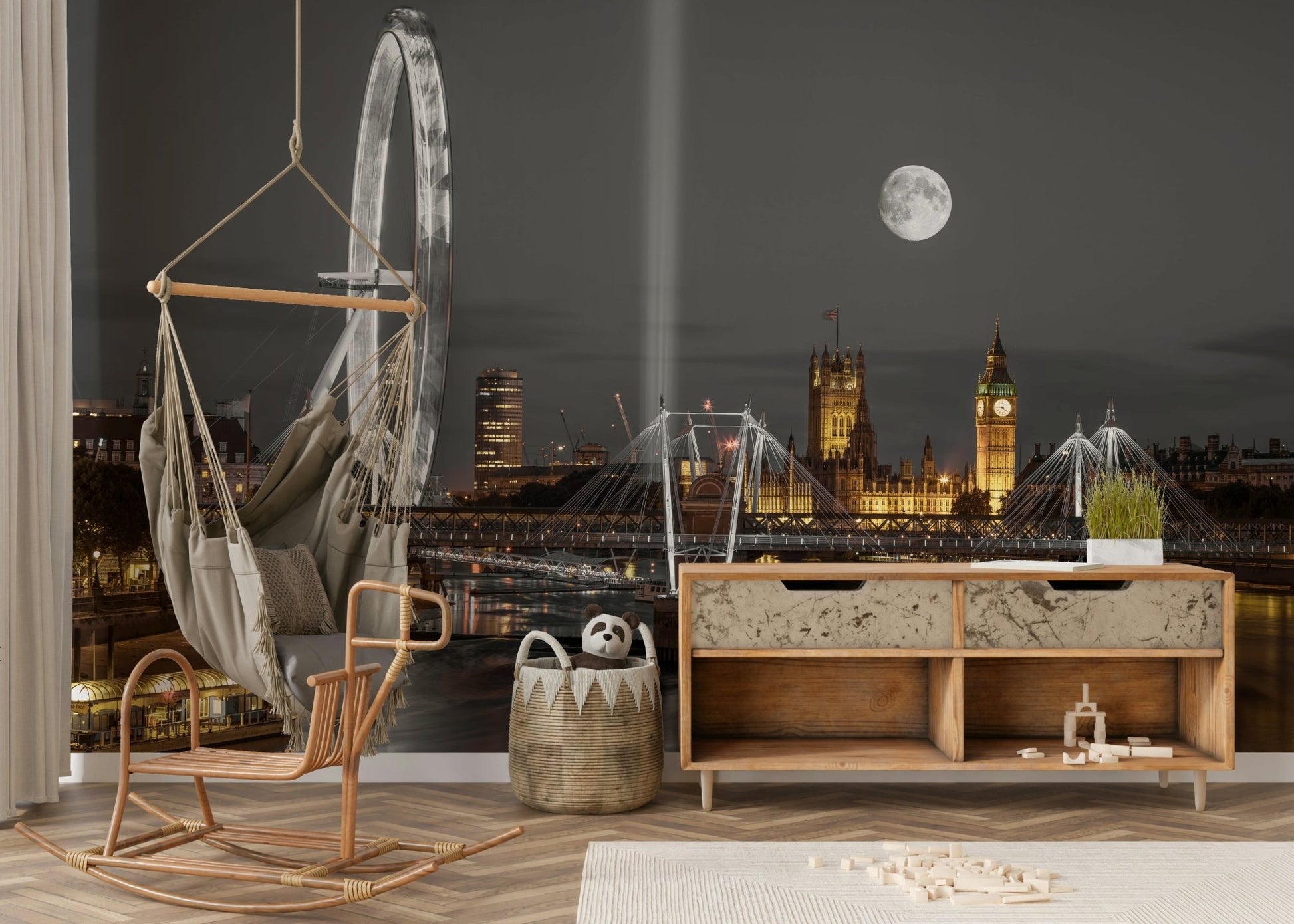 Monochrome London city skyline wallpaper for a minimalist urban interior

