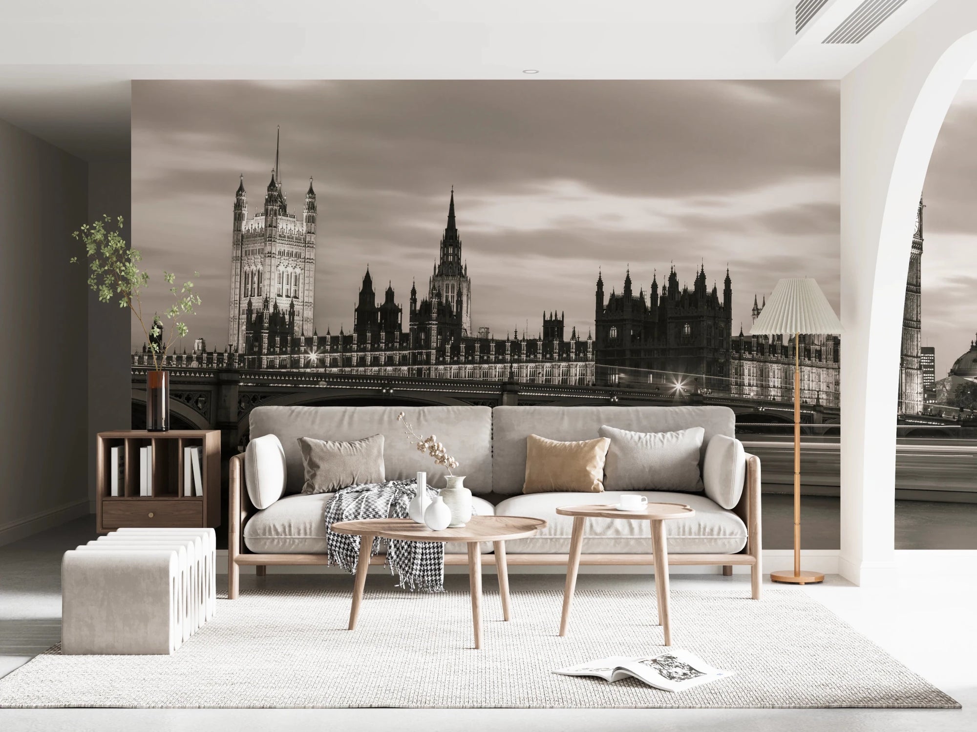 Westminster bridge wallpaper mural of Big Ben and Parliament in sepia behind a cream wooden-frame sofa in a living room