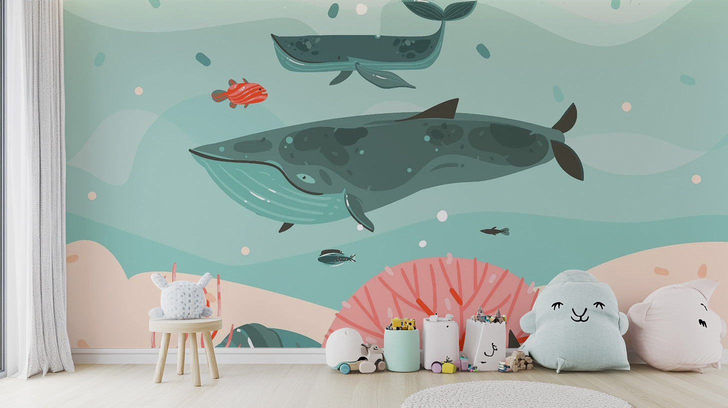 Bright ocean voyage wallpaper with diving whales.