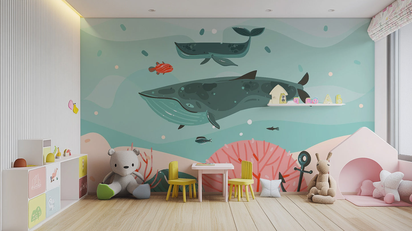 Whimsical marine life wallpaper for a kid's bedroom.