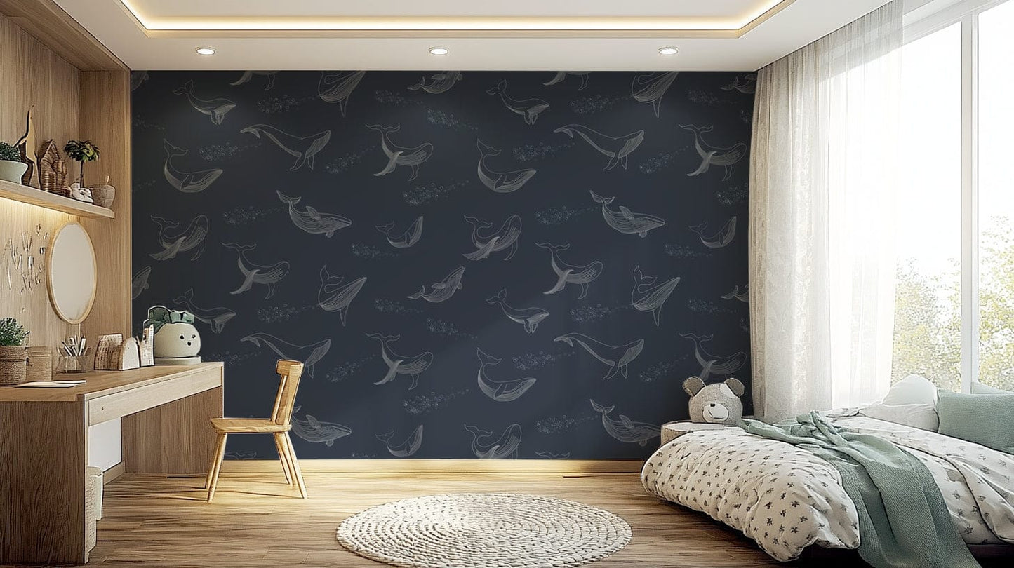 Large whale wall decor in a minimalist living room apartment setting.
