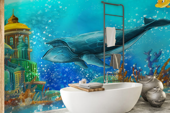 Whale reef wallpaper mural shown as a full feature wall that highlights the design