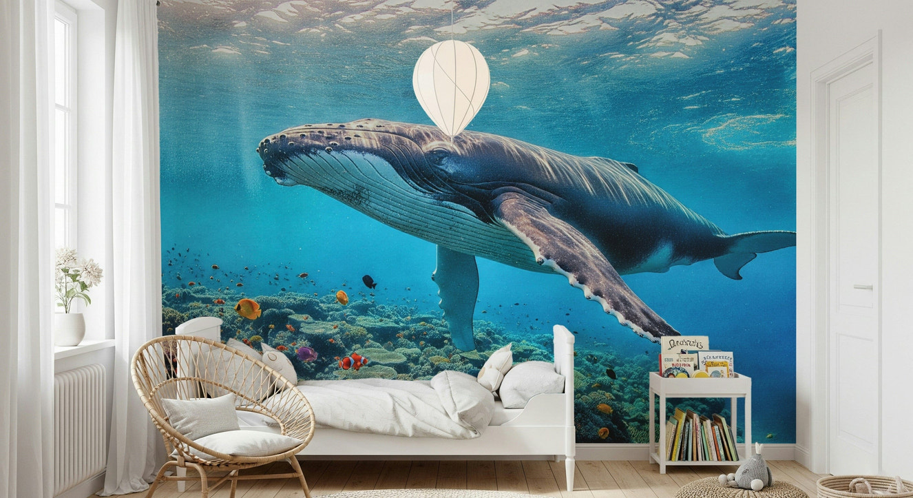 Ocean Giant's Realm Wall Mural with blue whales in a modern apartment bedroom.