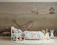 Ocean whale mural behind bed, modern coastal wallpaper with soft light rays and blue shades