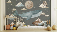 A peaceful wall mural with a whimsical sky scene.

