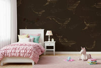 Blue whale illustrations for a minimalist nursery wall.