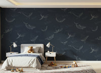 Whale Song Serenade design on a large feature wall in a dining area.
