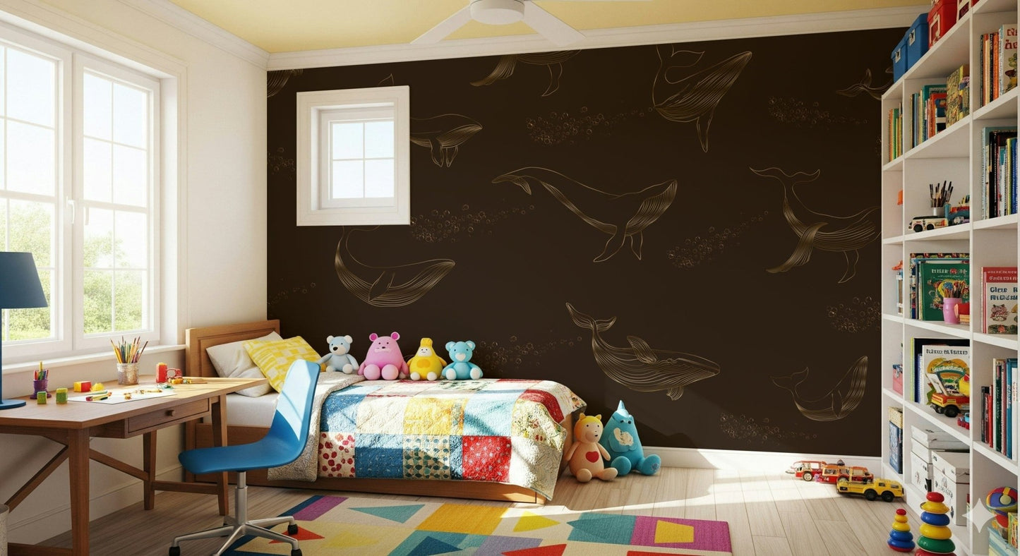 Whale Song Wall Mural in a modern apartment bedroom.
