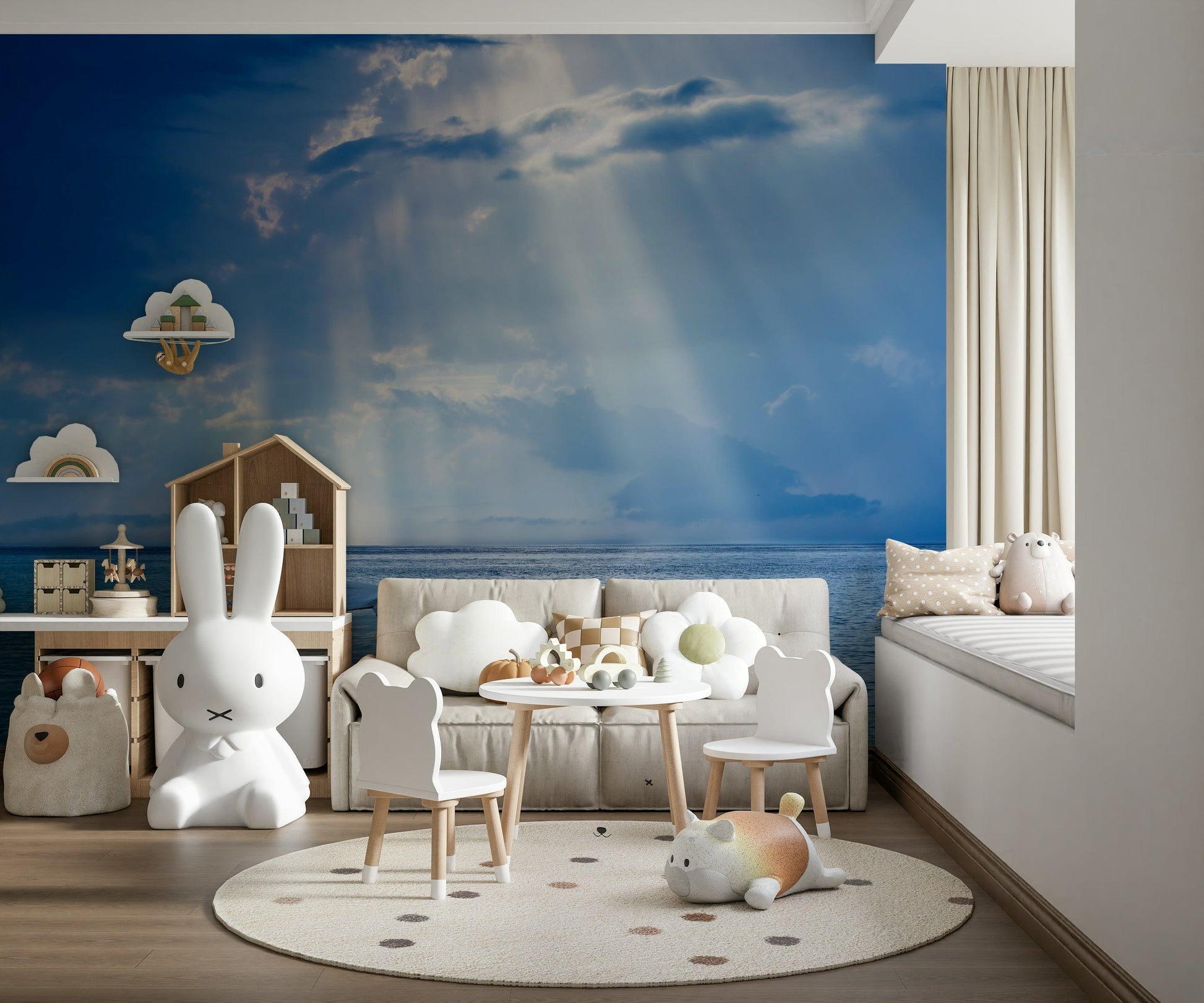 Sea-inspired wallpaper mural in dining room, soft coastal color palette with minimal décor styling