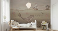 Whale wall mural for studio workspace, marine theme wall decor in cool blue color for a clean look