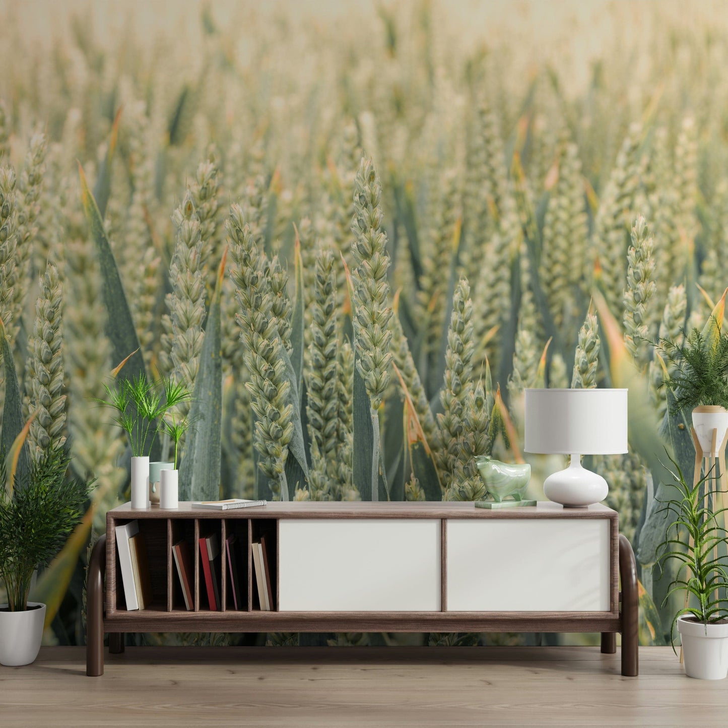 Golden wheat clusters blending into a soft horizon in a tranquil wallpaper scene.