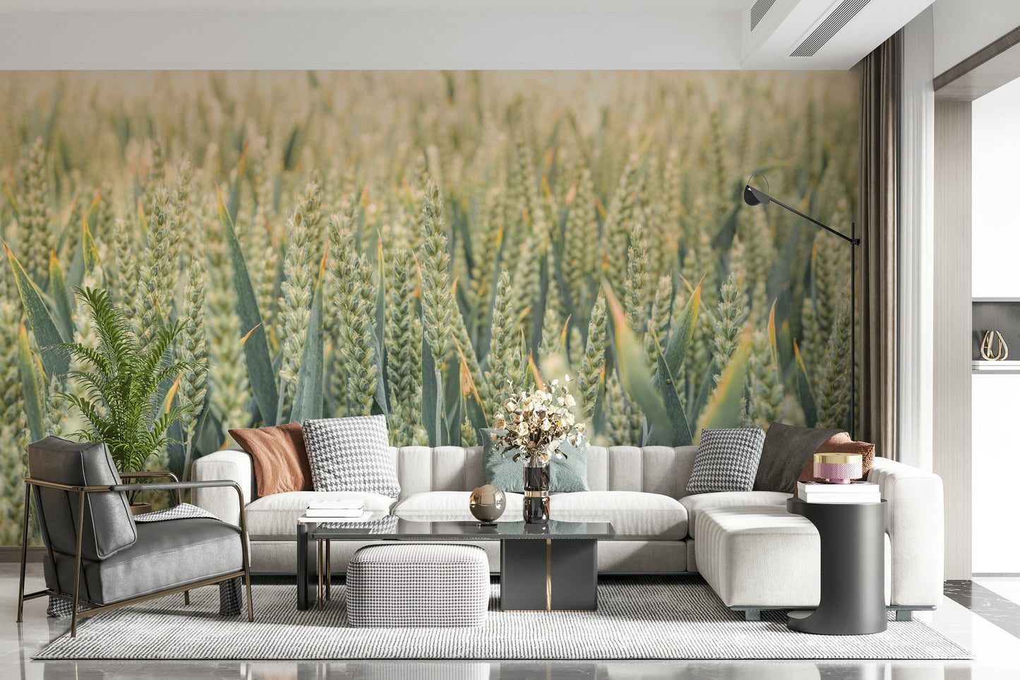 A nature-inspired wallpaper featuring whisper-light wheat swaying across a muted backdrop.