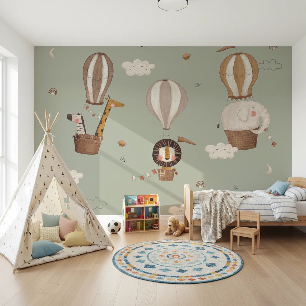 Whimsical Animal Balloon Ride Green Wall Mural