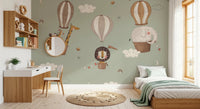 Whimsical Animal Balloon Ride Green Wall Mural