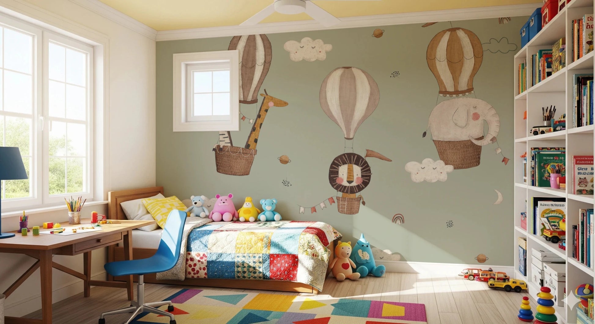 Whimsical Animal Balloon Ride Green Wall Mural