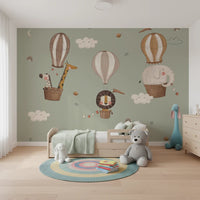 Whimsical Animal Balloon Ride Green Wall Mural