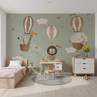 Whimsical Animal Balloon Ride Green Wall Mural