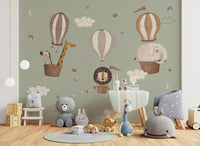 Whimsical Animal Balloon Ride Green Wall Mural