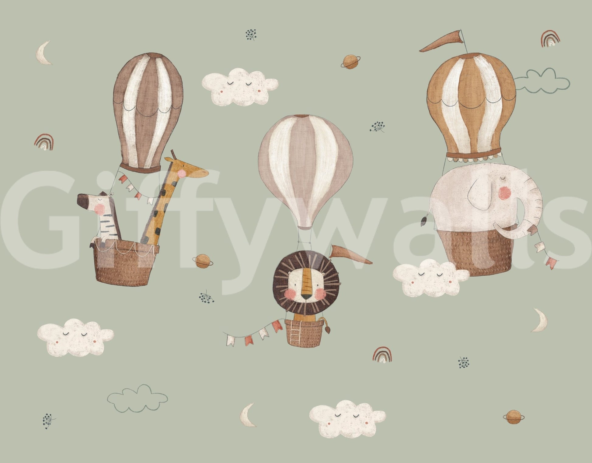 Whimsical Animal Balloon Ride Green Wall Mural