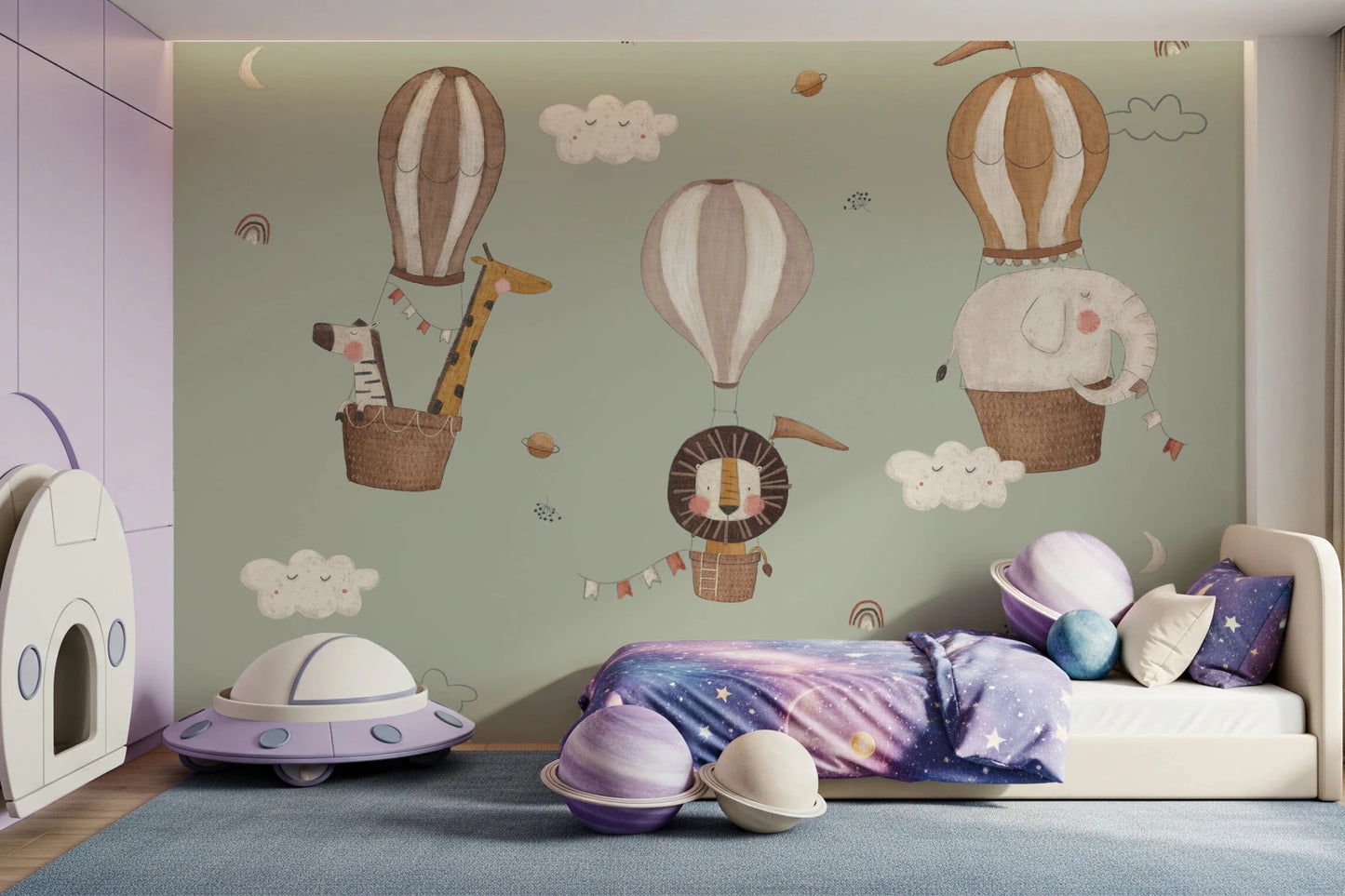 Whimsical Animal Balloon Ride Green Wall Mural