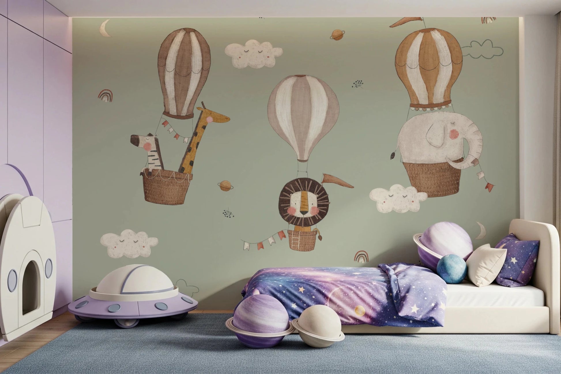Whimsical Animal Balloon Ride Green Wall Mural