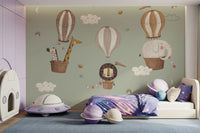 Whimsical Animal Balloon Ride Green Wall Mural