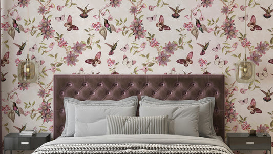 Whimsical Botanical Garden Wallpaper with birds and blooming flowers.

