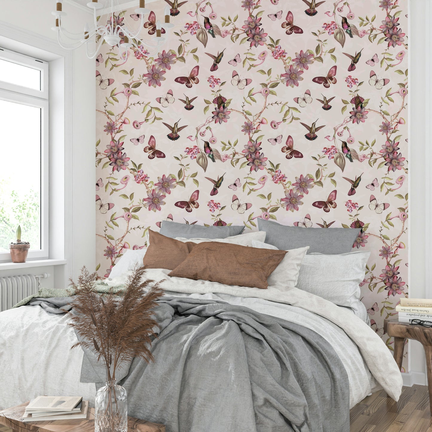 Pastel floral wallpaper featuring butterflies and green foliage.

