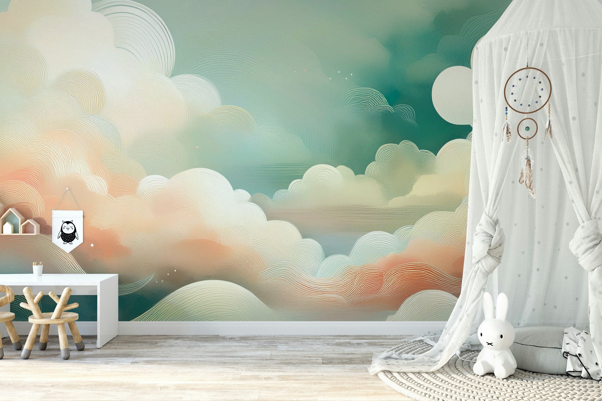 Whimsical Cloud Vista Wall Mural in a stylish flat featuring soft grey tones and velvet furniture.