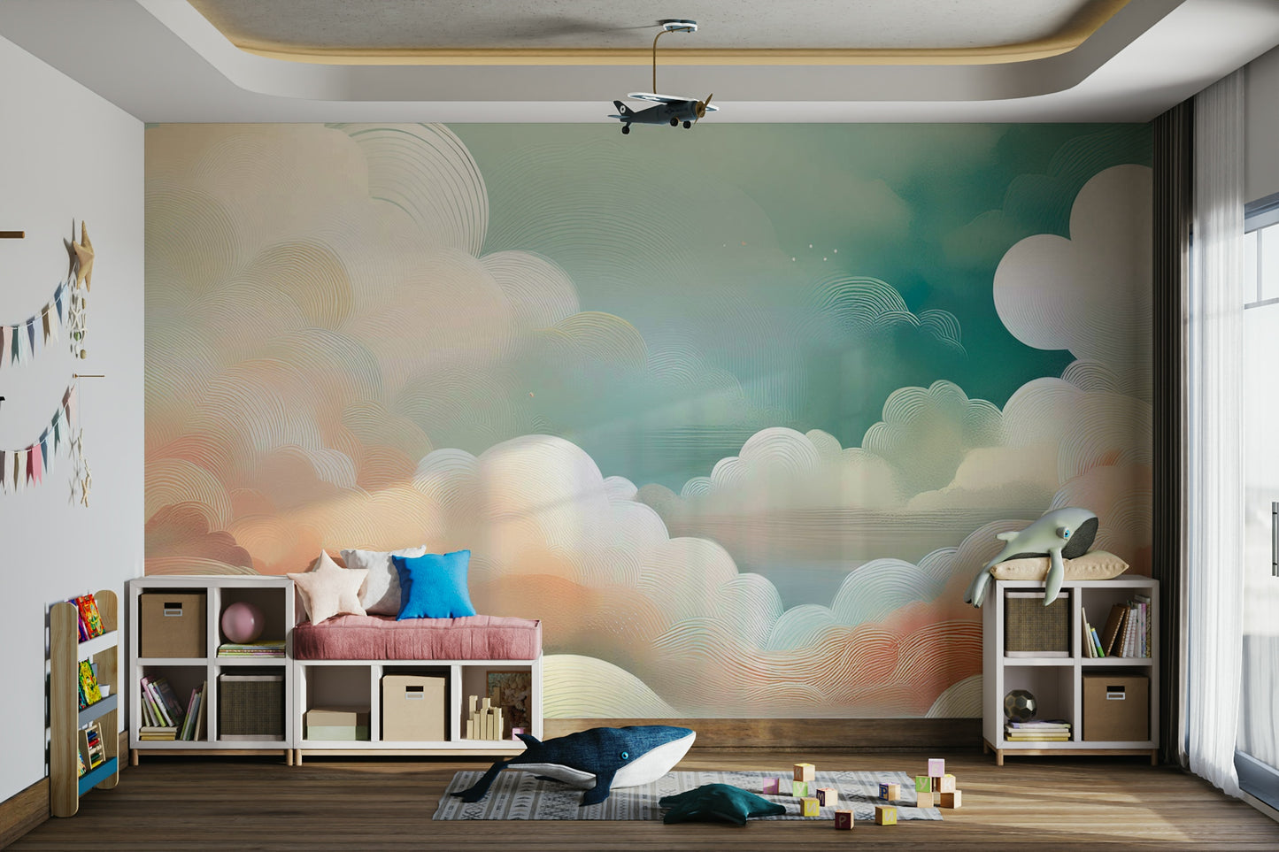 Whimsical Cloud Vista Wall Mural for a guest bedroom feature wall with white linen bedding.