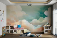 Whimsical Cloud Vista Wall Mural for a guest bedroom feature wall with white linen bedding.