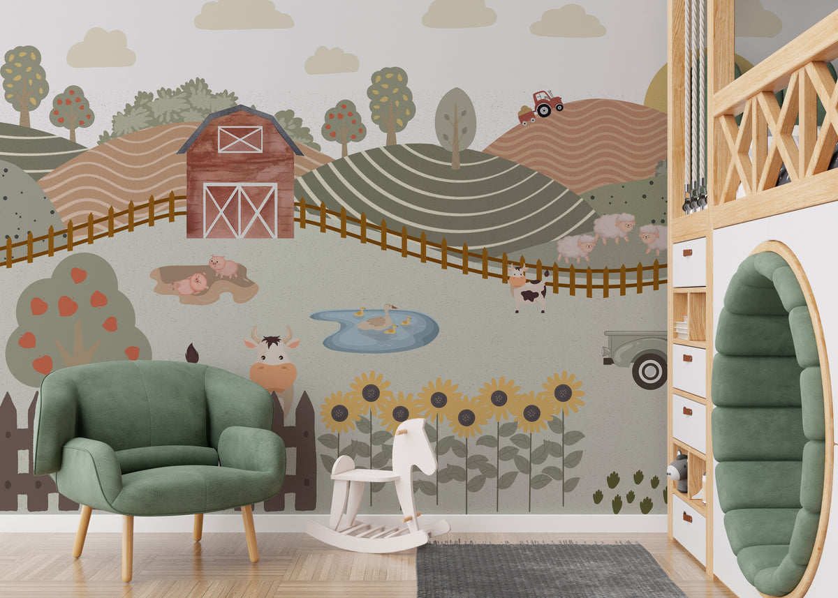 Whimsical Farm Animals Wall Mural – Playful Countryside Charm